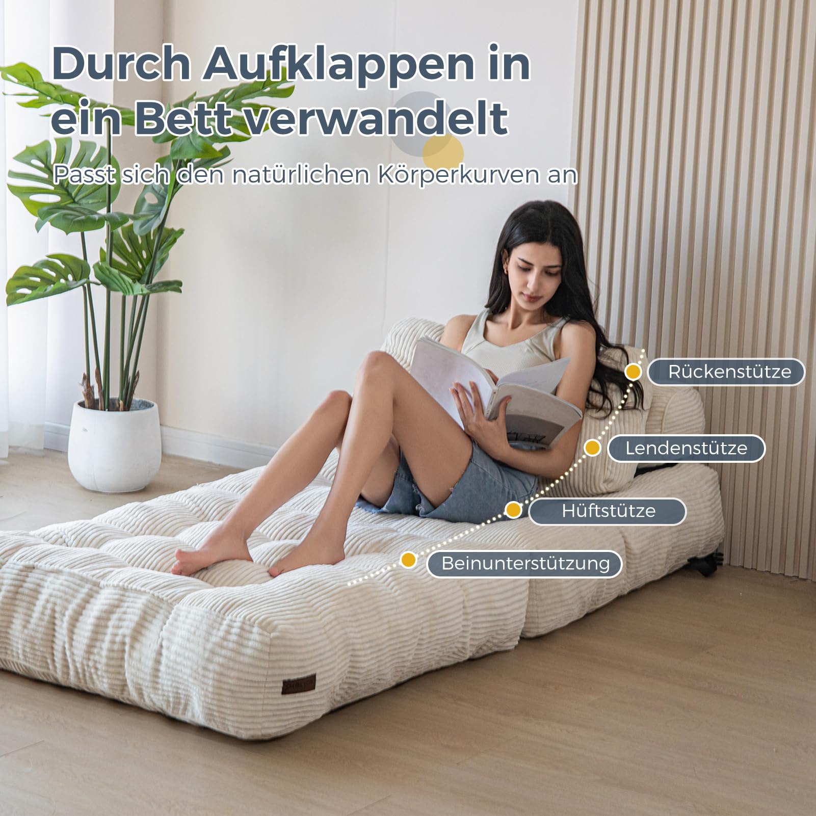 MAXYOYO Faltbares Schlafsofa umwandelbarer Schlafsessel mit Kissen, Matratze mit Rückenstütze, tragbarer Stuhl-Bett-Komfortable Bodensofa-Lounge für Wohnzimmer Schlafzimmer, Beige