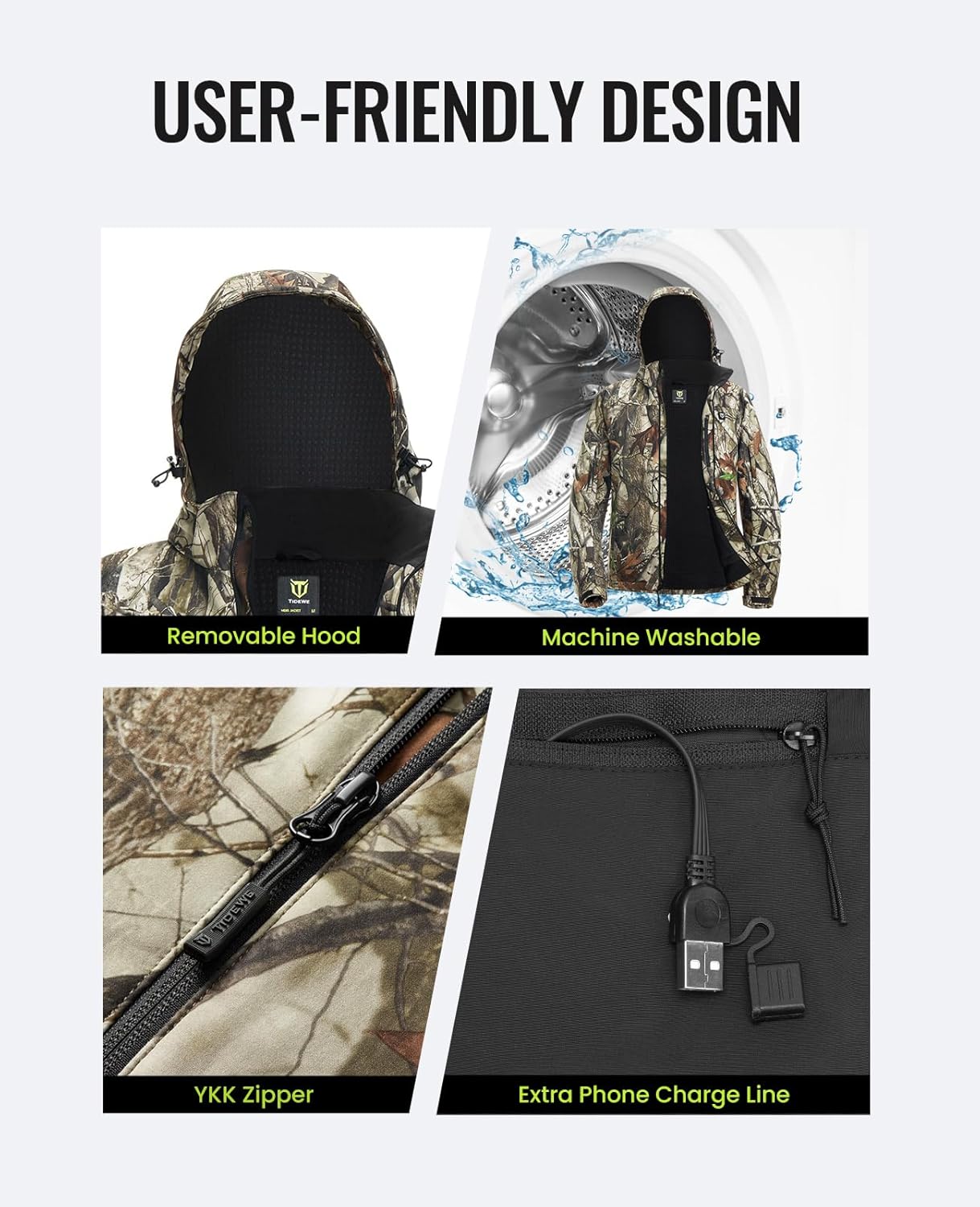 TIDEWE Heated Jacket for Men with Battery Pack (Black, Camo, Size S-XXXL) - Image 6