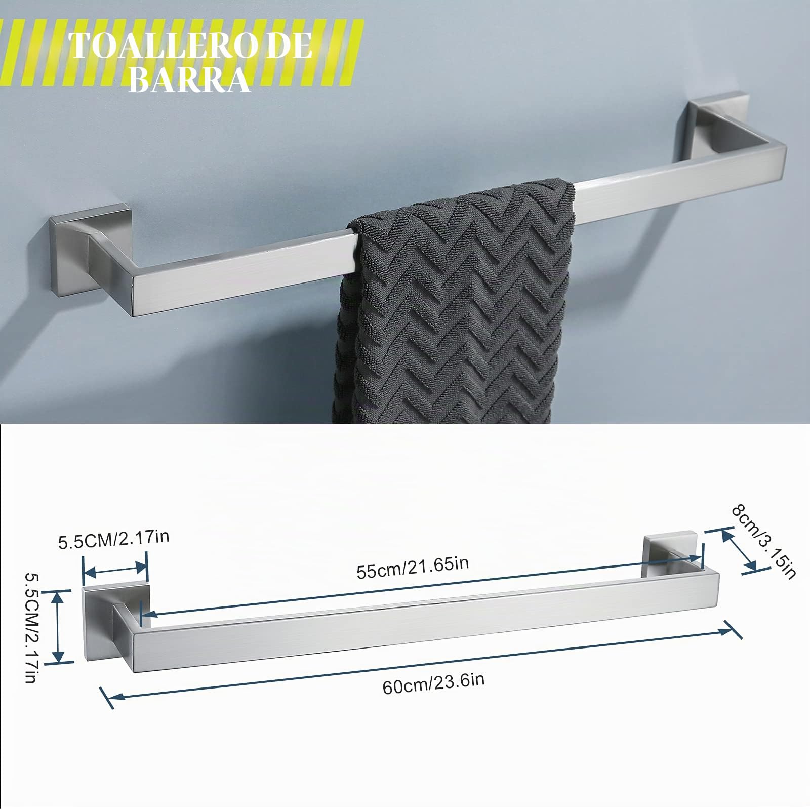 Juego de 4 accesorios de baño de acero inoxidable cepillado de alta calidad, cuadrados, montaje en pared, 60 cm, níquel cepillado