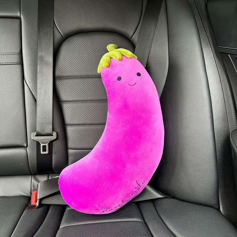 Image of Cute Cartoon Seatbelt Pillow for Kids Travel Seatbelt Cover and Cushion Pillow Plush Cartoon Pillow (Purple Eggplant)