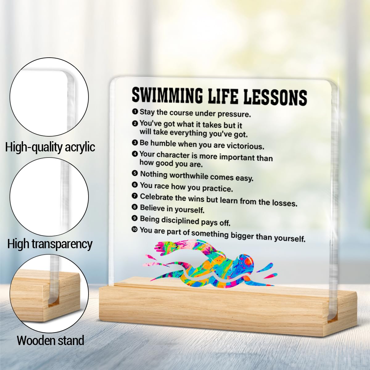 Swimming Gifts for Men Boys Women, Inspirational Gifts for Swimmer Swimming Fans Lover, Acrylic Plaque Sign with Wooden Stand Home Office Decor