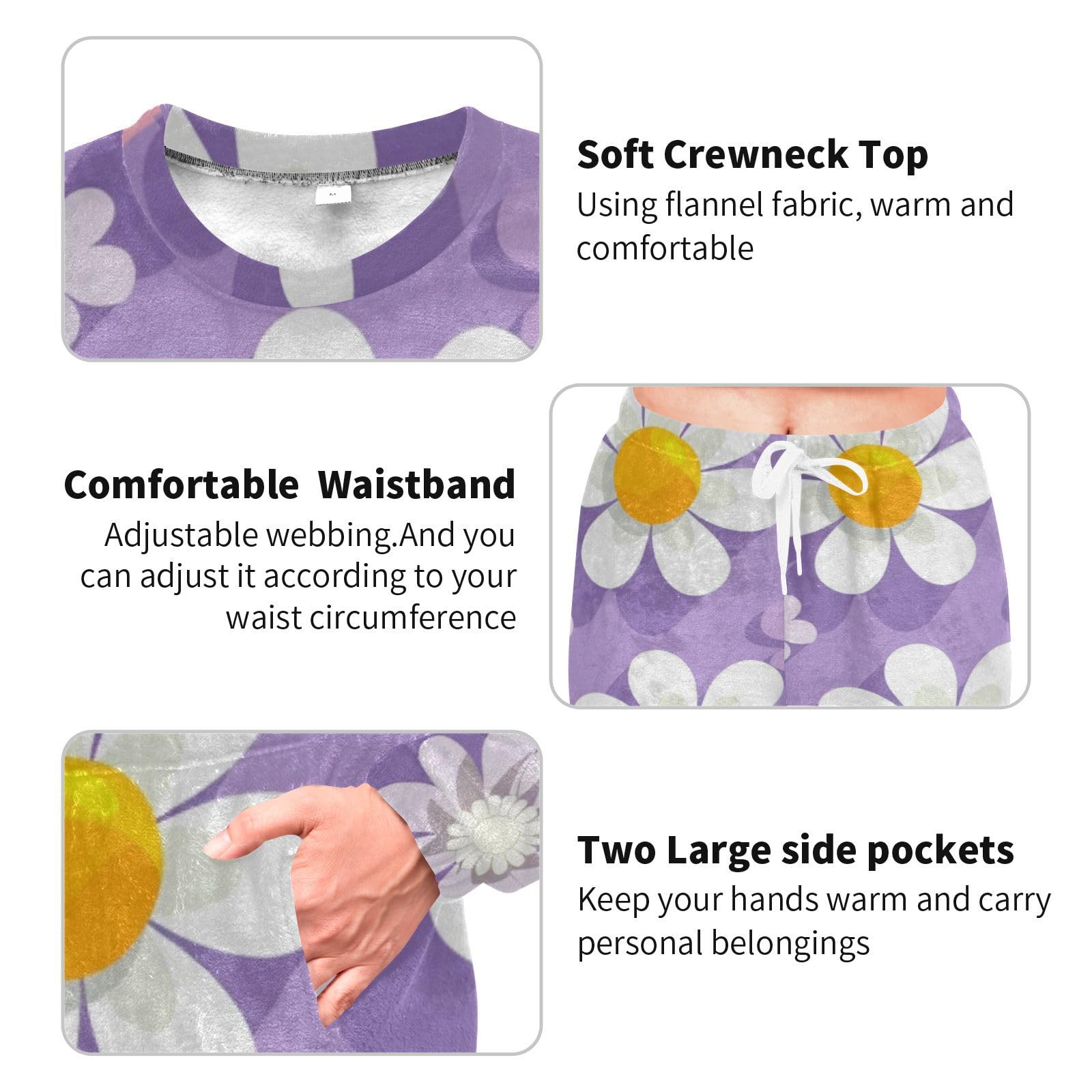 Viola Floreali Colorati Daisy Morbido Donne Pile Pigiama Set Manica Lunga Pjs Lounge Set con Tasche