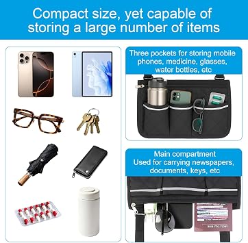 Wheelchair Side Bag Armrest Storage Pouch with Cup Holder and Reflective Straps Adjustable Hook Loop Walker Frame Bags for Most Wheelchairs Walkers Folding Rollators Seniors Mobility Aid Accessory big