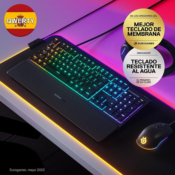 SteelSeries Apex 3 - Teclado Gaming - Iluminación RGB de 10 zonas - Resistencia al agua IP32 - Reposamuñecas magnético superior - Teclado QWERTY Español - 2