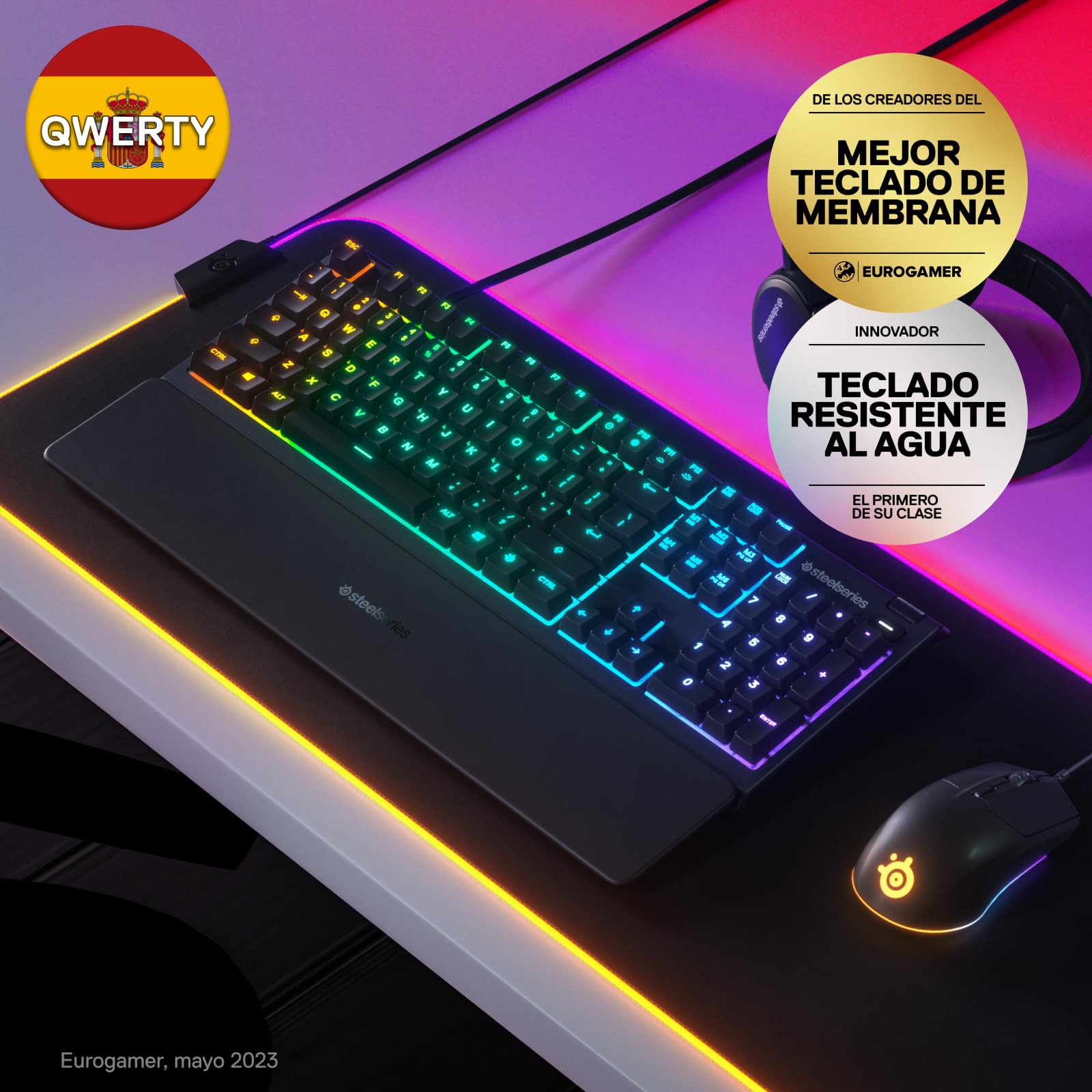 SteelSeries Apex 3 - Teclado Gaming - Iluminación RGB de 10 zonas - Resistencia al agua IP32 - Reposamuñecas magnético superior - Teclado QWERTY Español