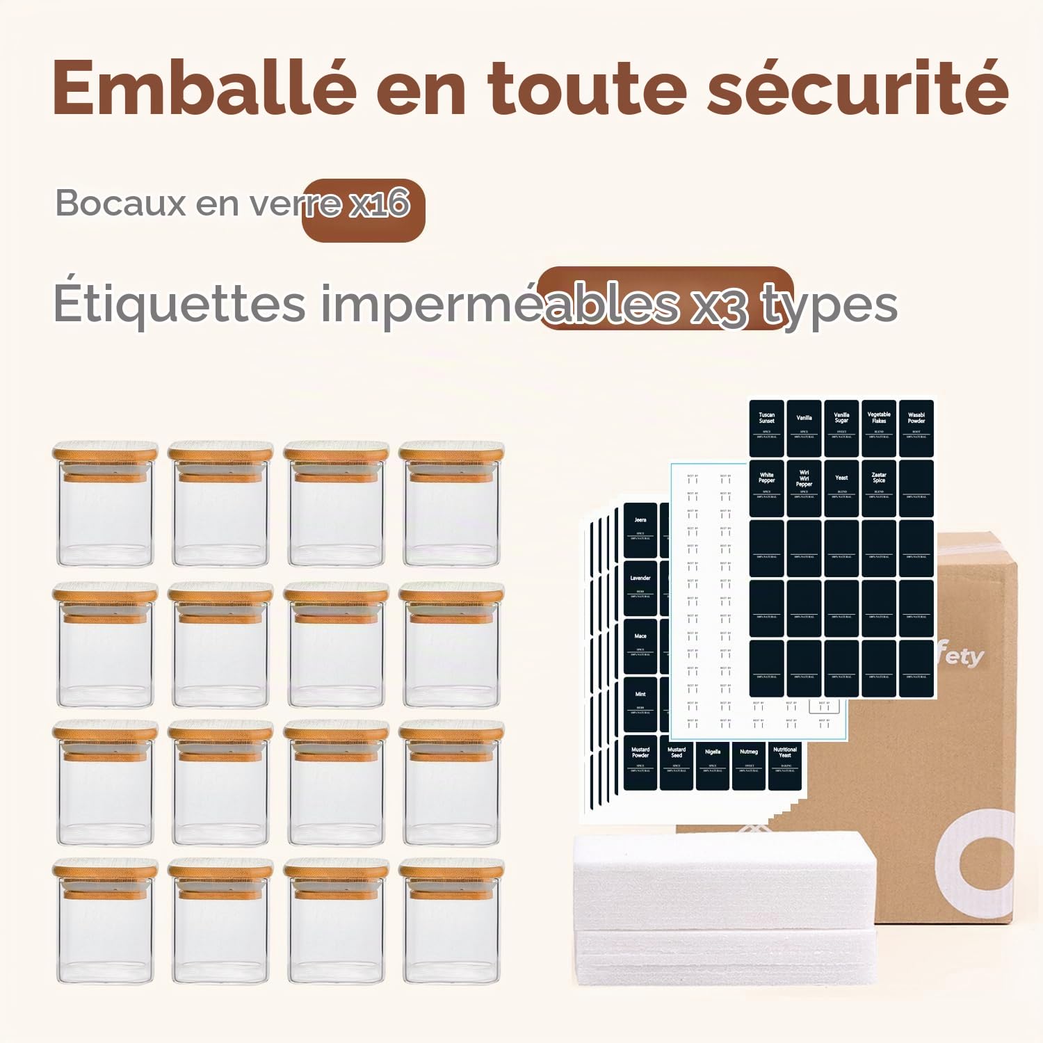 ComSaf Pots à épices en verre 120 ml, lot de 16 avec couvercles | Rangement épices cuisine, Couvercles en bambou, Thé, Café, Curry, Tiroir et placard