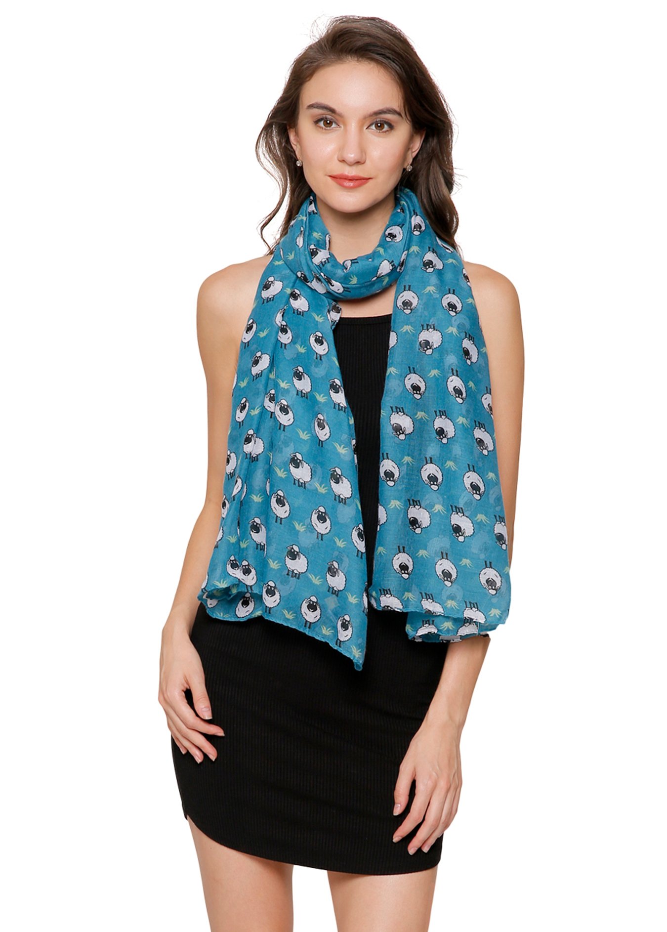 World of Shawls Girls Ladies Little Cartoon Sheep Print Scarf (Teal Blue)