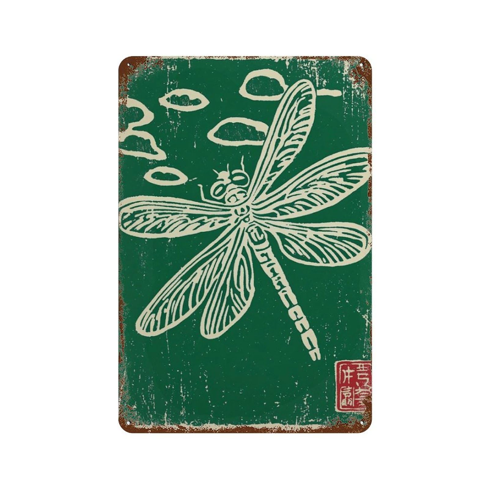 xiaoxiaoshen Dragonfly Linocut Japanese Style Nature Green Minimal Insect Wall Decor Art Metal Tin Poster Modern Home Decor Art Home Bar Shop Decorations Vintage Sign 30x20cm