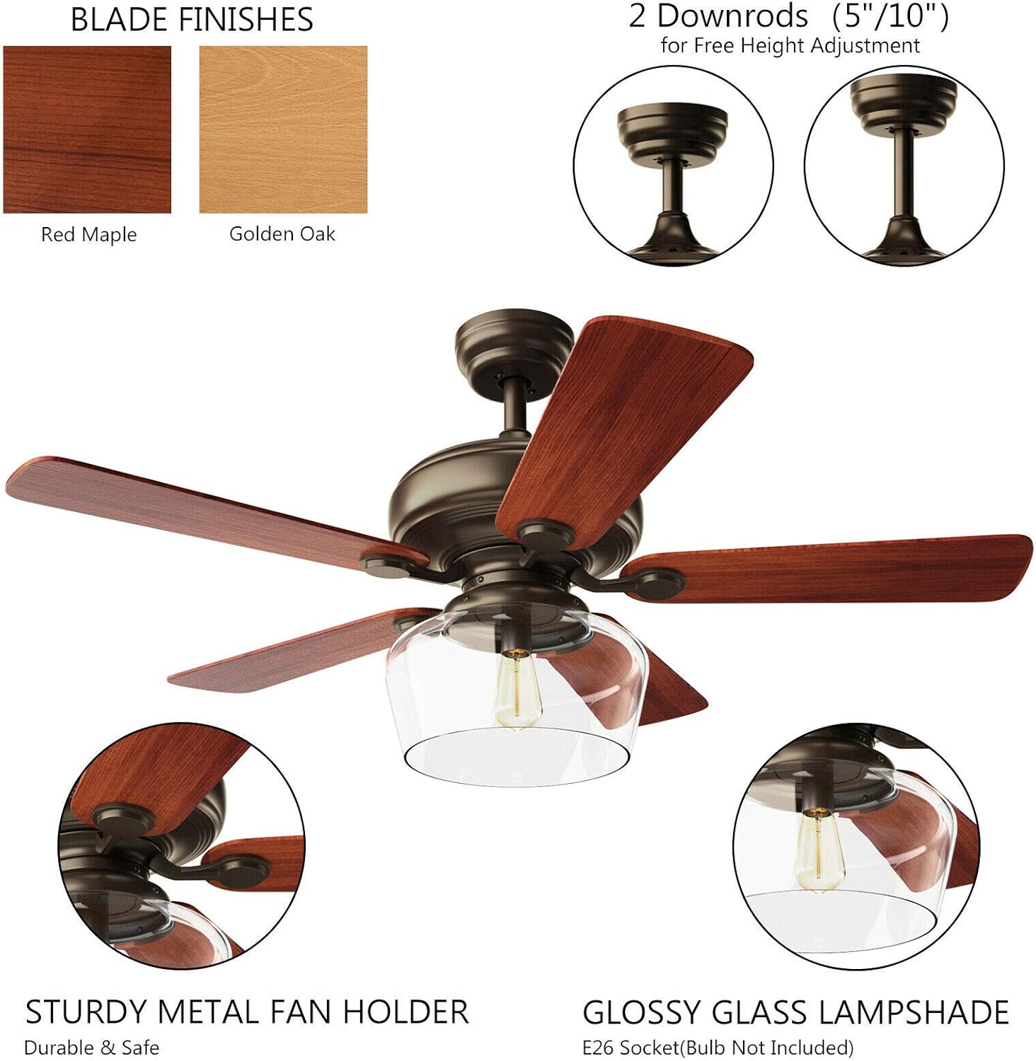 Tangkula Vintage Ceiling Fan with Light, 52-Inch Indoor Ceiling Fan with Glass shade & Rustic Blades, 3-speed Switch & Reversible Motor, Remote Control Included, Farmhouse LED Ceiling Fan (Espresso)