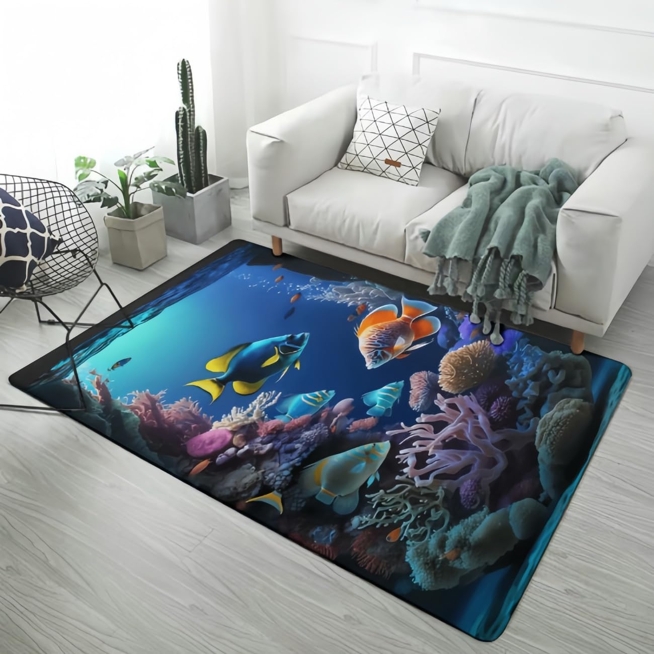 Tapis bleu paysage marin dauphins doux antidérapant pour chambre ado et salon moderne
