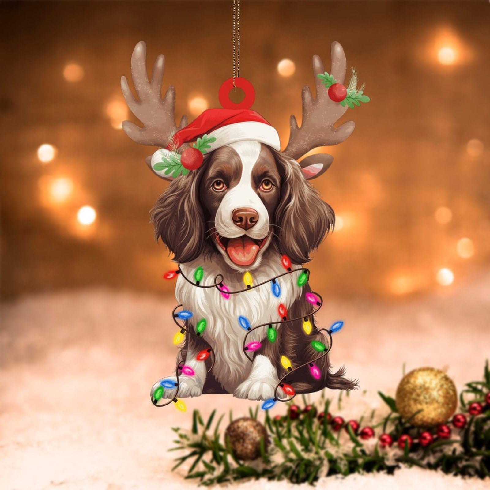 Swavecat English Springer Spaniel 2D Ornament Dog Lanterns Christmas Antlers Christmas Ornaments Christmas Ornaments 3In Double-Sided Print Flat Funny Ornament