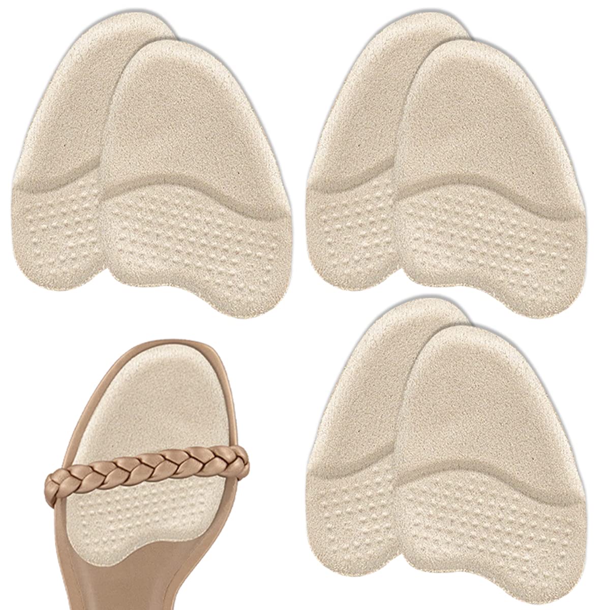 Metatarsal Pads for Women, Anti-Sliding Pads for Open Toe Shoes, Ball of Foot Cushions, Shoe Filler, Reduce Foot Slip 3-Pair (Beige)