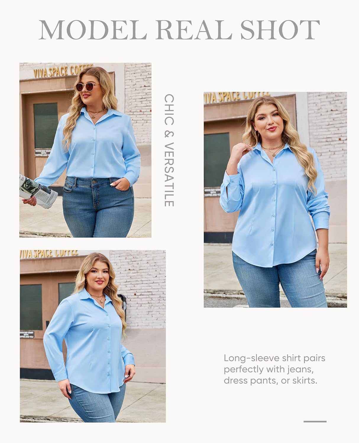 siliteelon Plus Size Button Down Shirts for Women Long Sleeve Dress Shirt Stretch Collared Shirt Work Office Blouse Top - Image 6