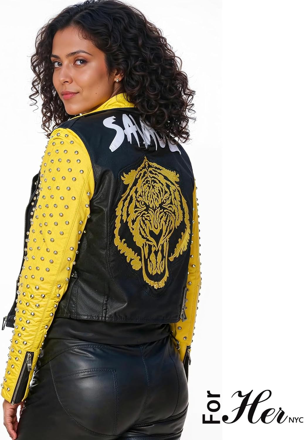 Women's Studded Faux Leather Moto Jacket – Tiger Back Graphic – Edgy Biker Style – 81751 - Image 4