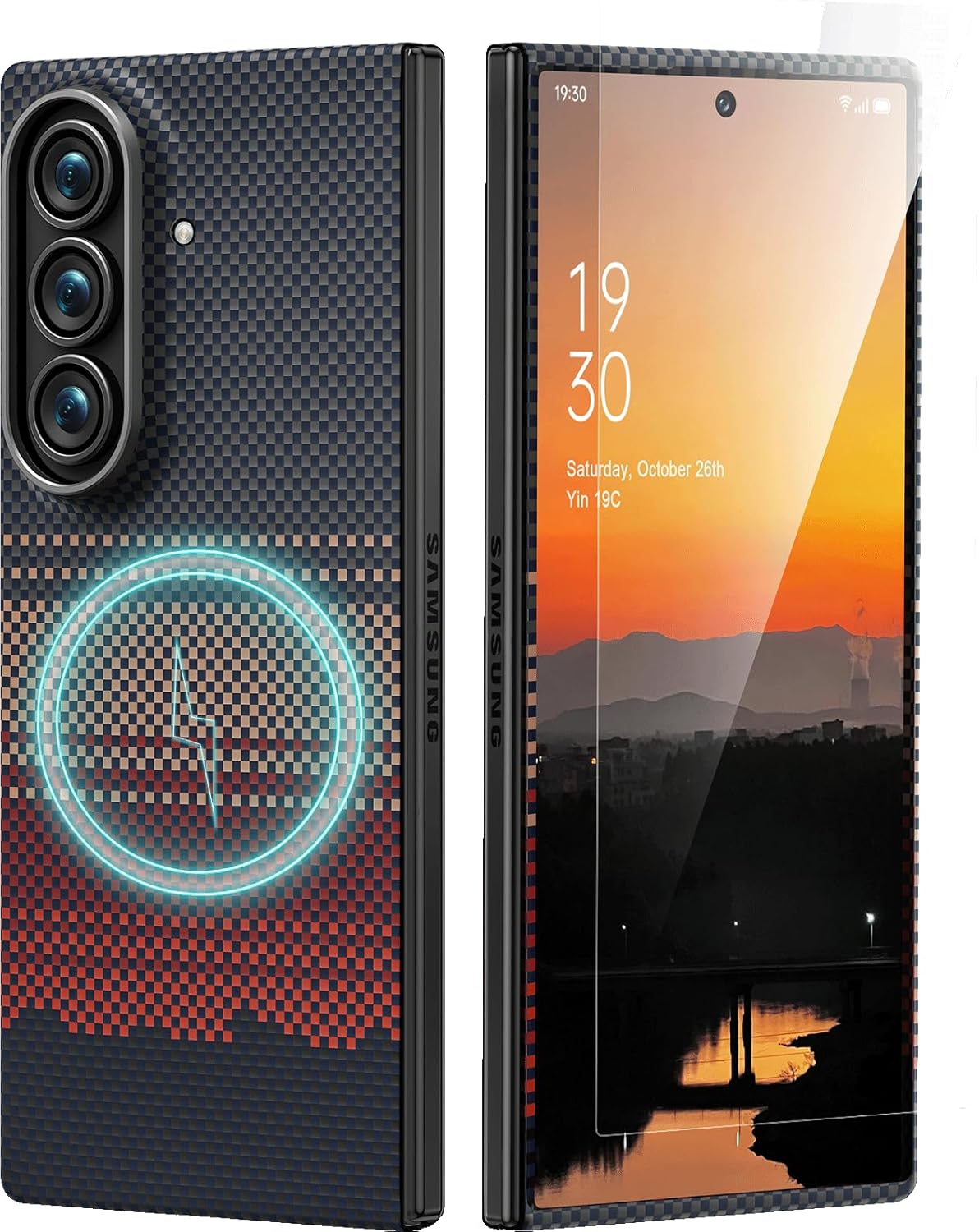 MEMUMI SAMSUNG GALAXY Z Fold 7 Case magnétique, (Protecteur d&rsquo;écran avant) Compatible avec Mag-Safe, Case de fibre aramide, couverture mince pour Galaxy Z Fold7 – Sunset Sun
