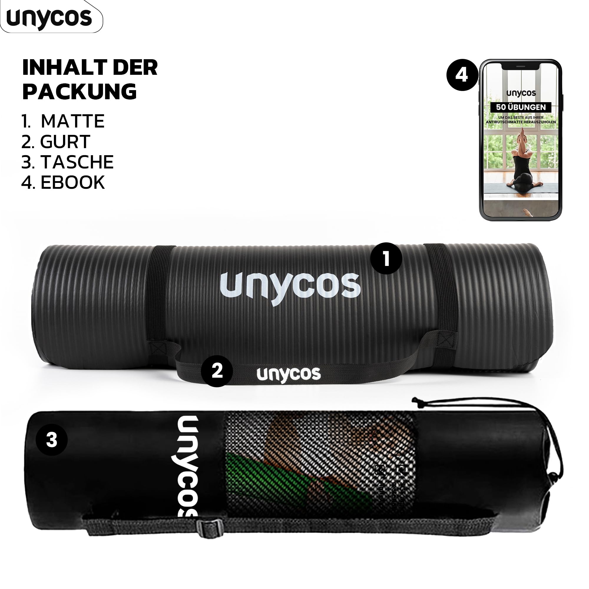 unycos - Yogamatte Rutschfeste | Hohe Dichte 6/10/15 mm, Gymnastikmatte mit Tragegurt und Schultergurt【inkl. E-Book】Hautfreundliche Fitnessmatte für Pilates, Trainingsmatte, Gym