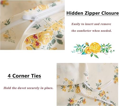 Miniatura 7 de VM VOUGEMARKET Juego de funda de edredón floral amarilla de 3 piezas de algodón para niñas, funda de edredón de flores rosas con cierre de