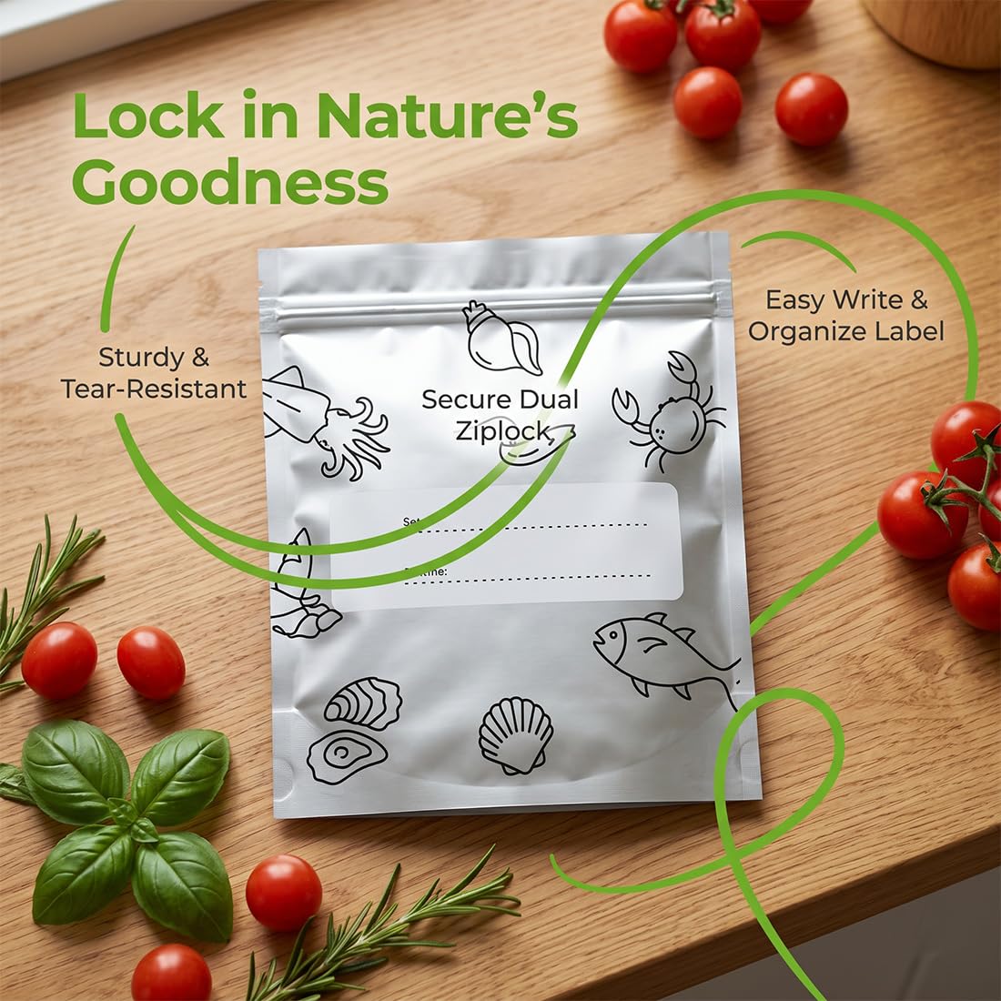 Bolsas de Aluminio Reutilizables para Almacenar Alimentos, Bolsas de Almacenamiento con Cierre Zip y Etiqueta, Bolsas Herméticas y Gruesas para Congelador, Verduras, Frutas y Carne (100 PCS,S+M+L)