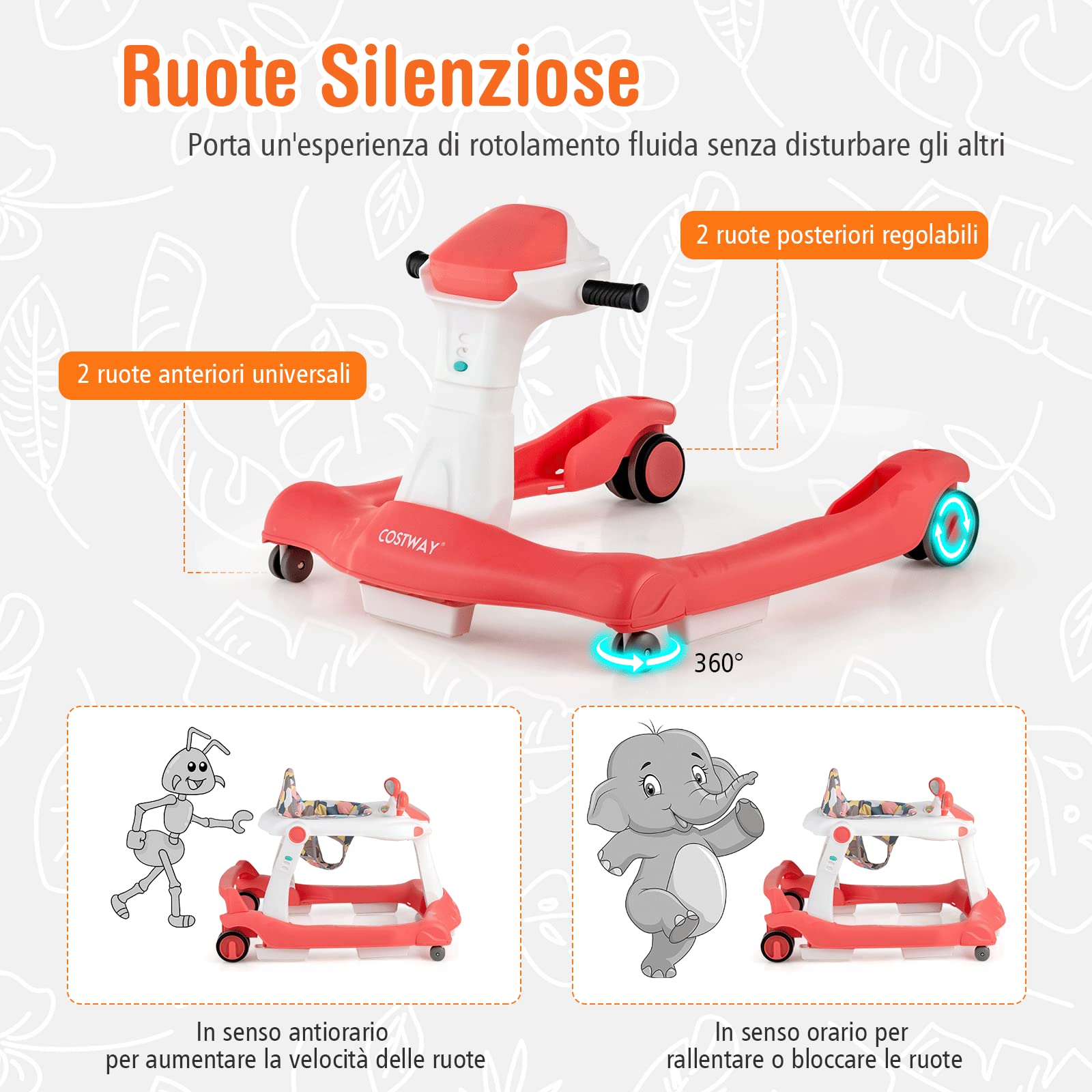 COSTWAY Girello per bambini 2 in 1, Girello con Altezza e Velocità Regolabili, Carillon con Luci e Cuscino Comodo, Primi Passi per Bambini 6-18 Mesi, Capacità di carico: 15 kg (Arancia)