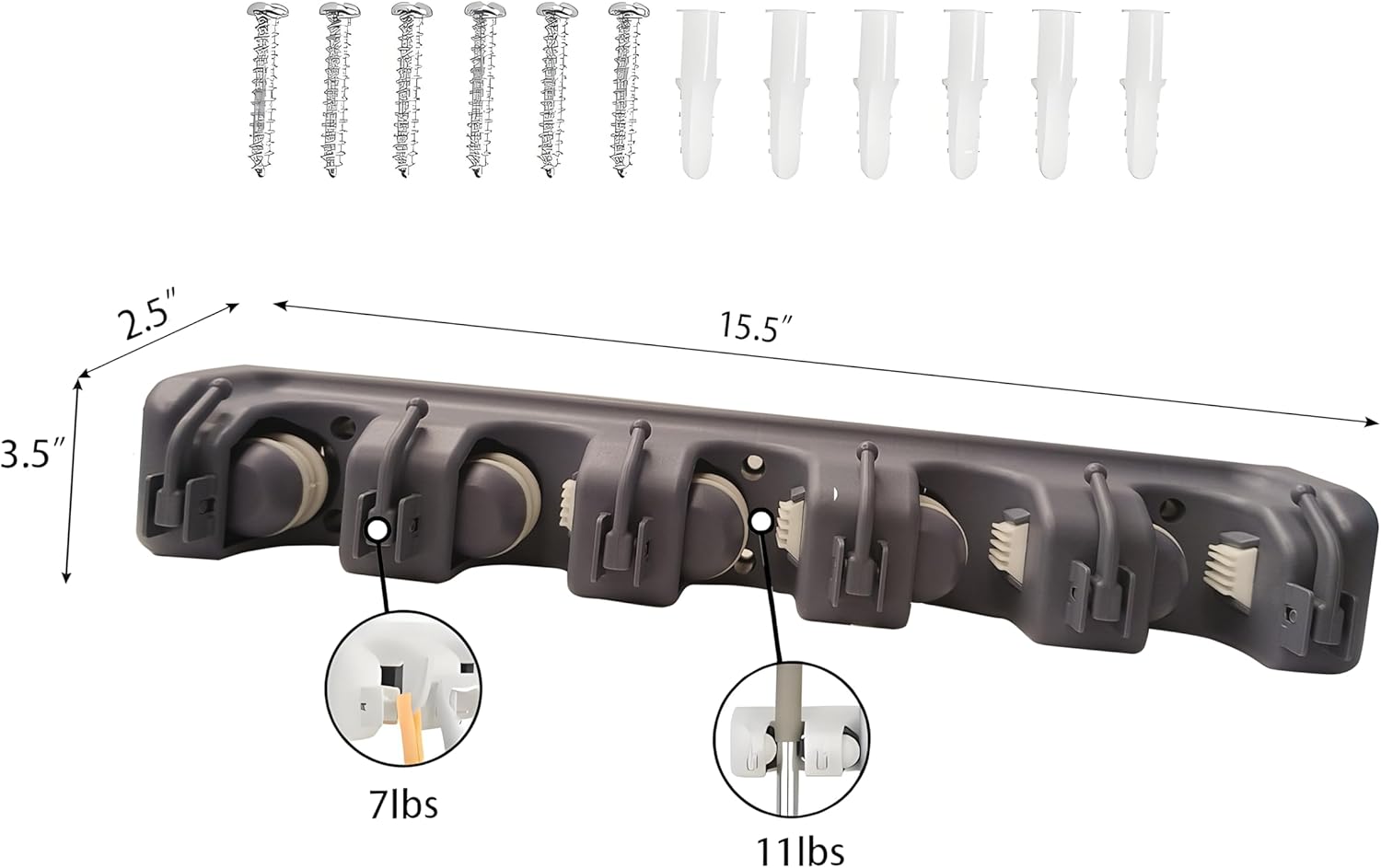 C-CHAIN Mop and Broom Holder, 5 Position with 6 Hooks Garage Storage Holds up to 11 Tools, Multipurpose Wall Mounted Tool Rack Organizer for Kitchen Garage,Grey