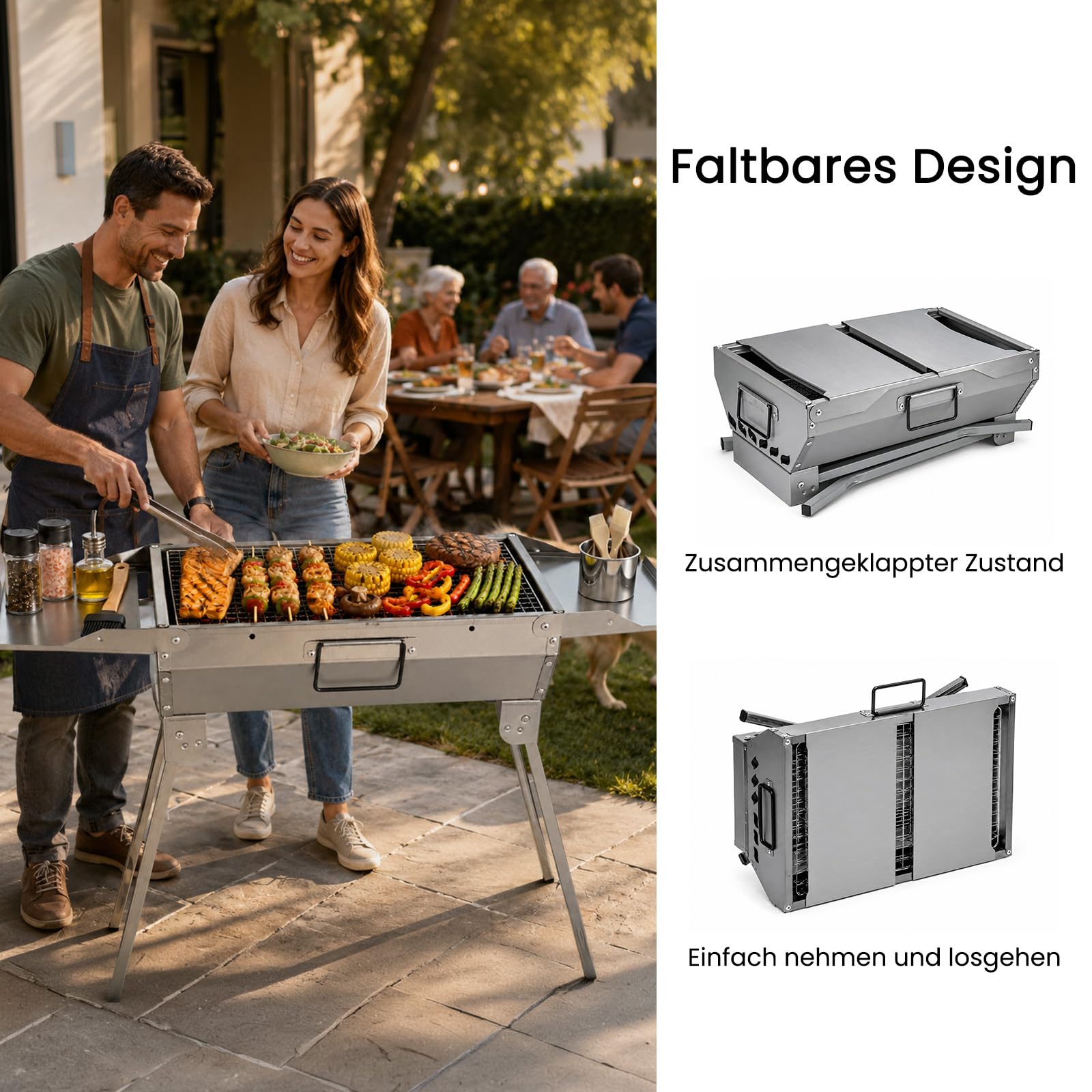 Klappgrill BBQ Set Tragbarer Holzkohlegrill mit 2 Seitenablagen, 28,5 x 77 x 55 cm Faltbar Grill Schwerlast Zinc-Legierung Outdoor Grill für Camping, Garten & Picknick