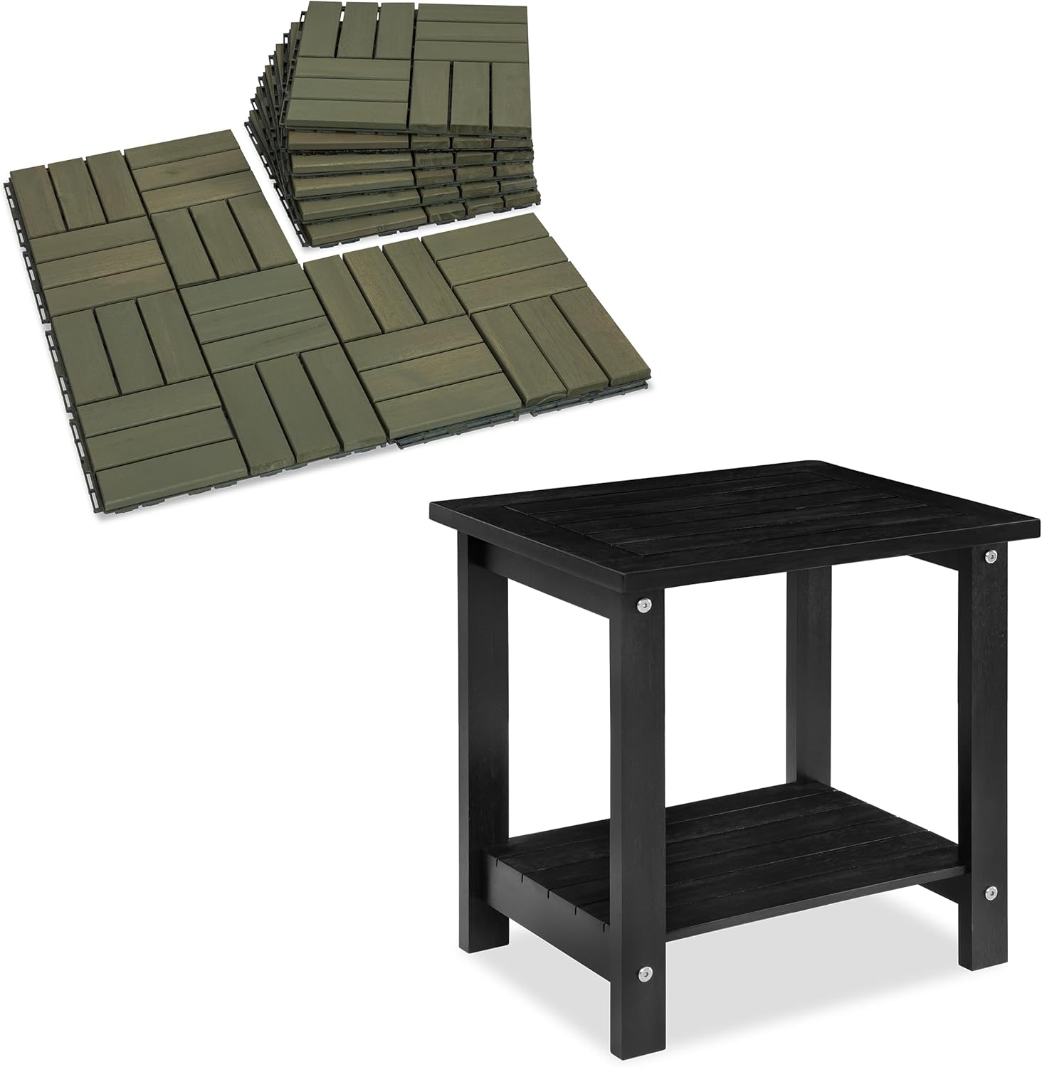 Wooden Side Table (Black) & Deck Tiles (Muted Green) Combo – Solid Wood End Table with Shelf + Interlocking Patio Floor Tiles, Stylish & Durable Bundle for Indoor and Outdoor Use