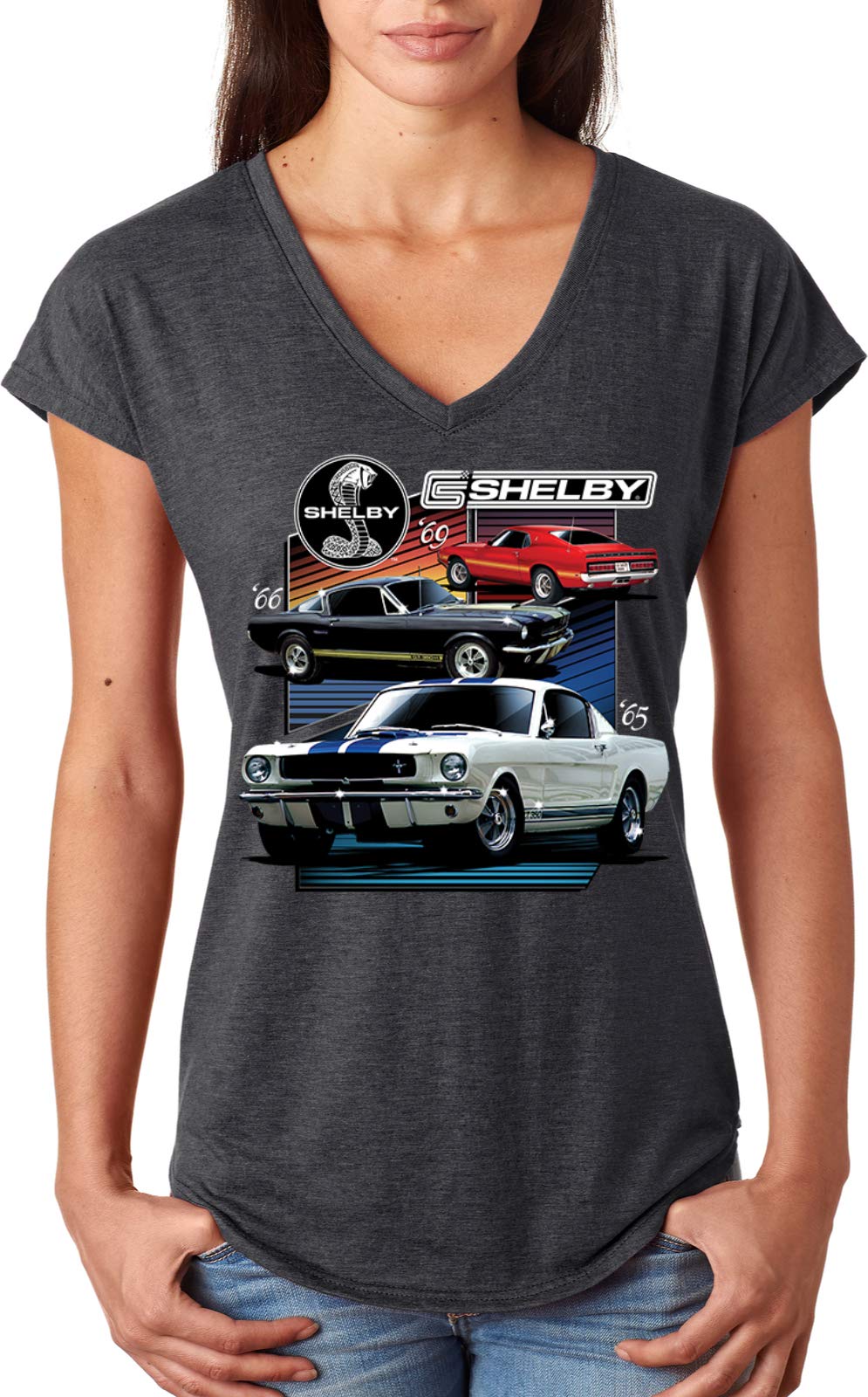 Ford Mustang Various Shelby Ladies Triblend V-Neck, Dark Grey XL