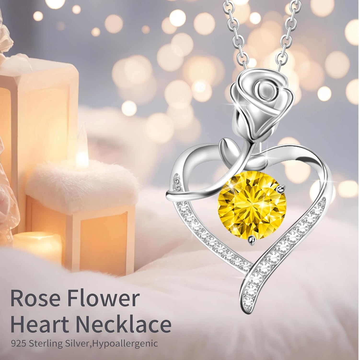 Rose Heart Necklace for Women 925 Sterling Silver Heart Birthstone Pendant Necklaces I Love You Jewelry Wedding Anniversary Birthday Christmas Valentines Mothers Day Gifts for Her - Image 2