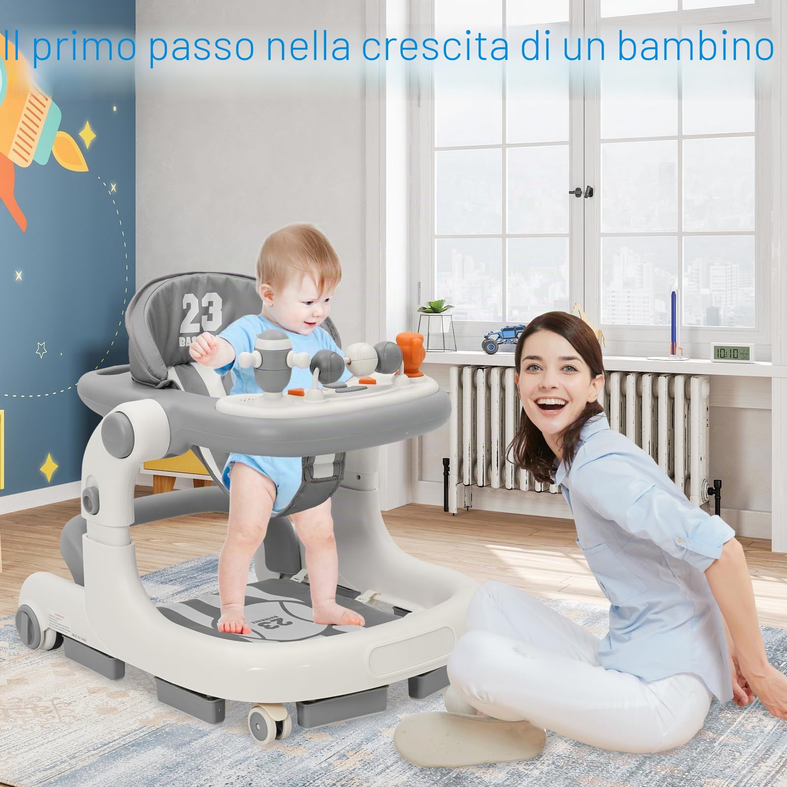 3 in 1 Girello Neonato, Baby Walker per Bambini con ruote, luce, musica, centro giochi, Altezza Regolabili, Carrellino per Bimbi 6-18 Mesi (Grigio)