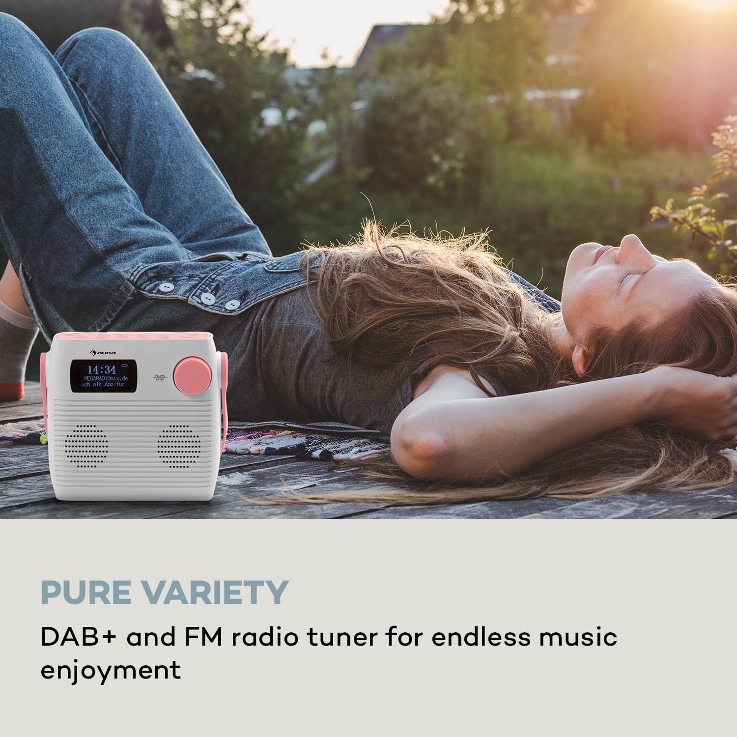 Auna Splash Duschradio, DAB Radio, BT DAB+/UKW IPX4, DAB+ Radio mit USB-Port Kopfhöreranschluss USB-C Akku, Digitalradio, weiß-rosa
