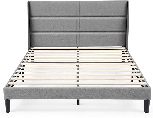 Miniatura 4 de Devo Marco de cama tamaño matrimonial marco de cama de plataforma tamaño Queen con cabecera tapizada respaldo moderno de lujo soporte de listones de