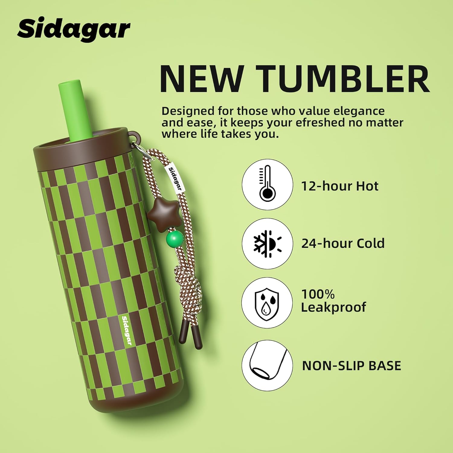 24 oz Tumbler with Handle and Straw, Leak-proof Reusable BPA-Free Cup, Urban Outdoor Gorpcore Style, Gym Workout Hiking Travel, Coffee & Smoothie Flask, Star Charm - Retro Green Brown - Image 2