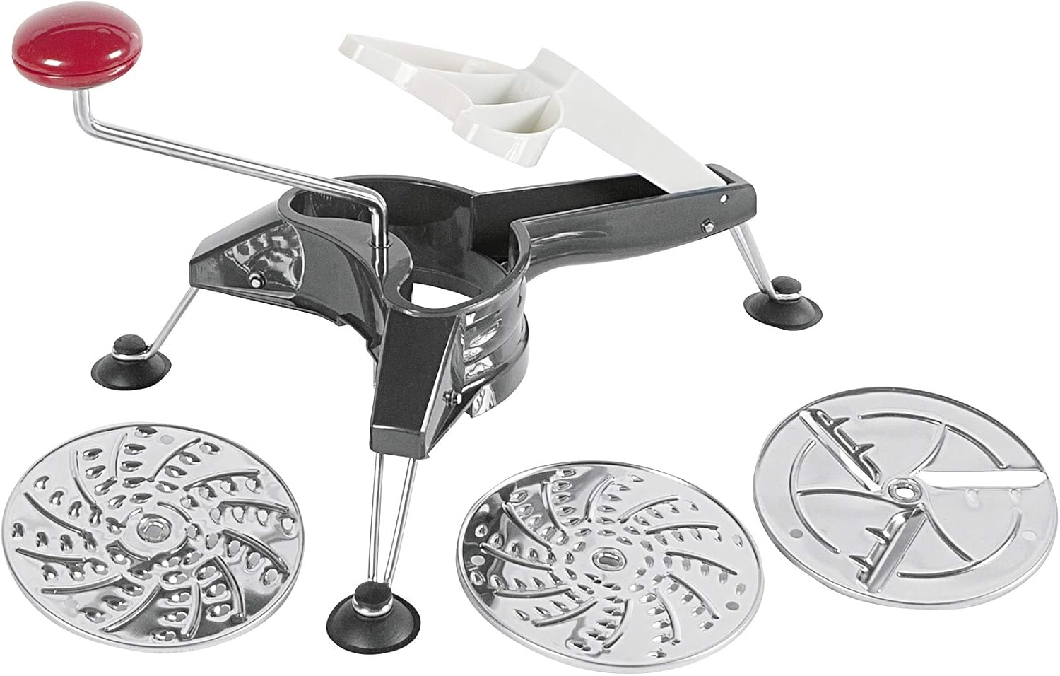Westmark Multipurpose Heavy Duty Rotary Cheese & Vegetable Grater Cutter Slicer Shredder with 3 Interchangeable Stainless Steel Blades and Non-Slip Suction Pads
