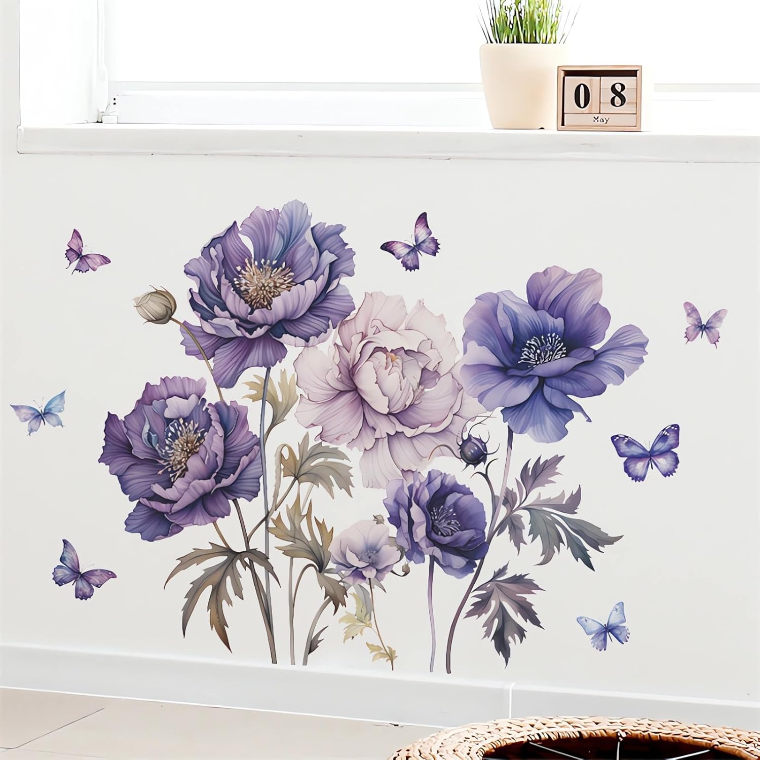 Purple Peony Flower Butterfly Large Wall Stickers, sacinora Peonies Floral Art Wall Decals Removable Vinyl Peel and Stick for Living Room Bedroom Sofa TV Background Nursery Home Decorations - Image 3