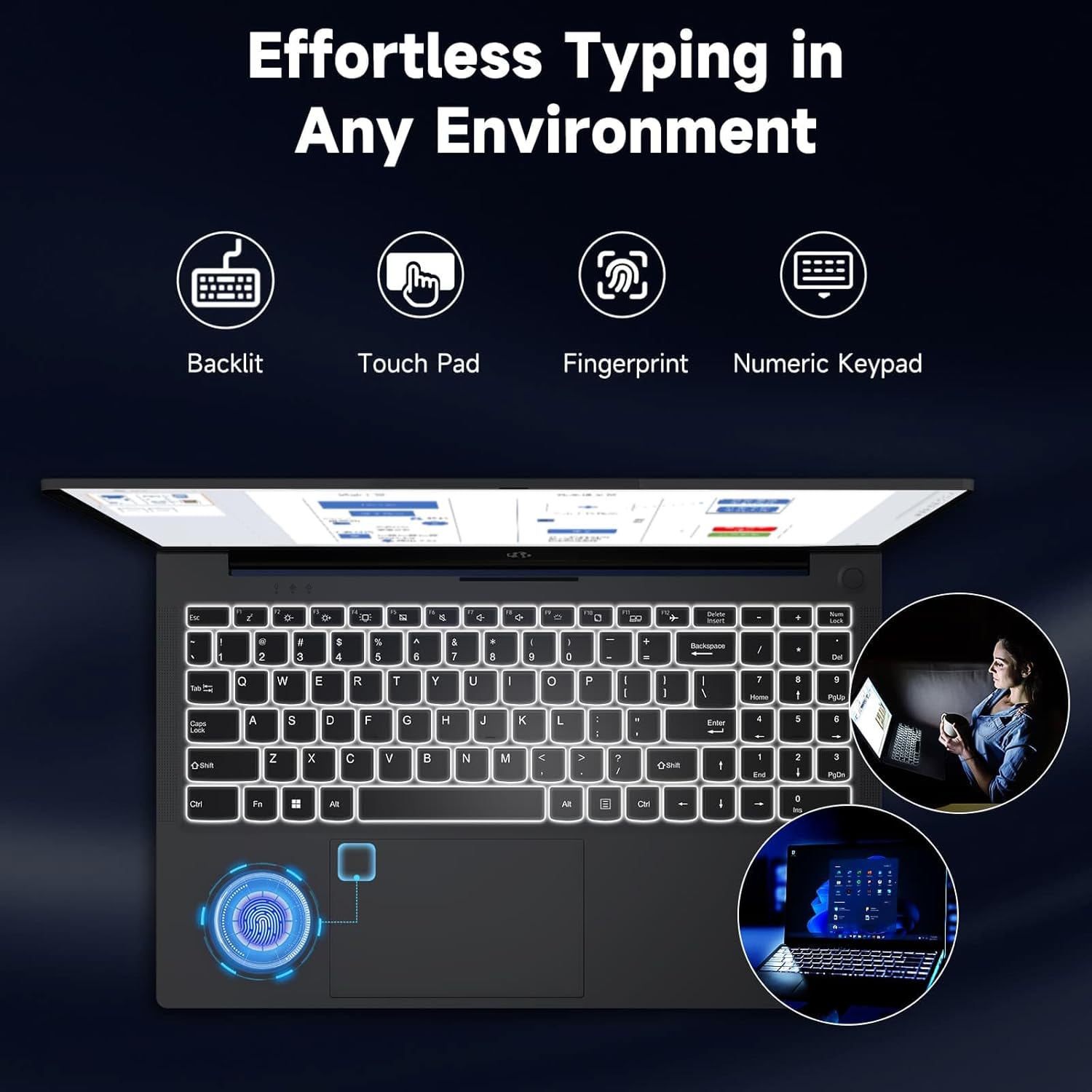 NIMO Laptop keyboard with backlit keys and fingerprint sensor