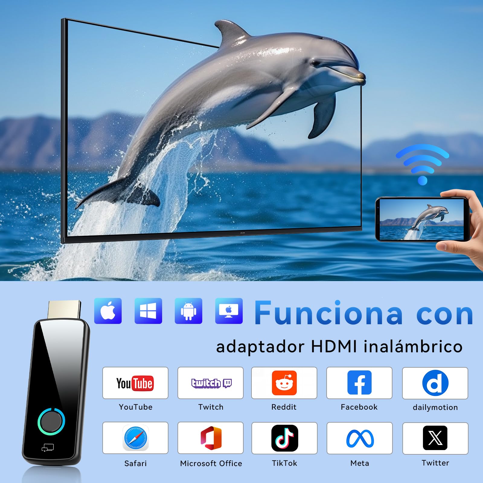 Adaptador HDMI Inalámbrico Tongtion 4K Ultra HD a 30Hz - Miracast, AirPlay, DLNA,Googel Cast- WiFi 5 GHz - Plug and Play para Smart TV, Proyector, PC, iPhone y Android