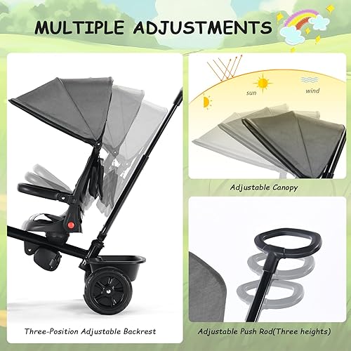 Miniatura 4 de Kinder King Triciclo para niños, triciclo 6 en 1 para niños pequeños con mango de empuje ajustable, asiento giratorio, toldo ajustable, arnés de