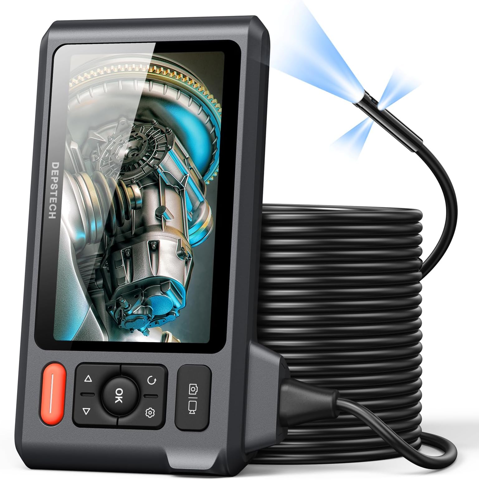 Triple Lens Endoscope Camera with Light with 50FT Semi-Rigid Cable, DEPSTECH 5" IPS Screen Sewer Inspection Camera, 1080P Industrial Borescope, Split Screen, Waterproof Drain Pipe Tool, Carrying Case