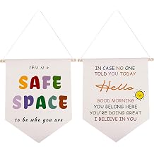 Girls&Boys Room Decor,Canvas Banner Aesthetic,Cute Boy Nursery Social Worker Office Reading Corner Decoration 2pcs safe space&hello