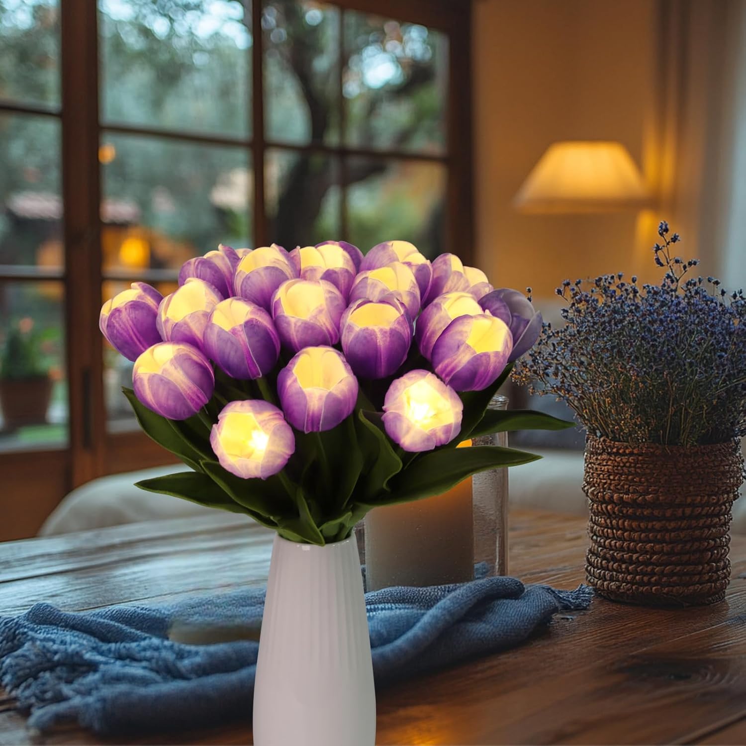 20pcs LED Lighted Artificial Flowers Tulip Lamp Real Touch Tulips Faux Flower Lights for Valentine's Day and Easter Home Kitchen Wedding Dining Table Decor(Purple) - Image 2