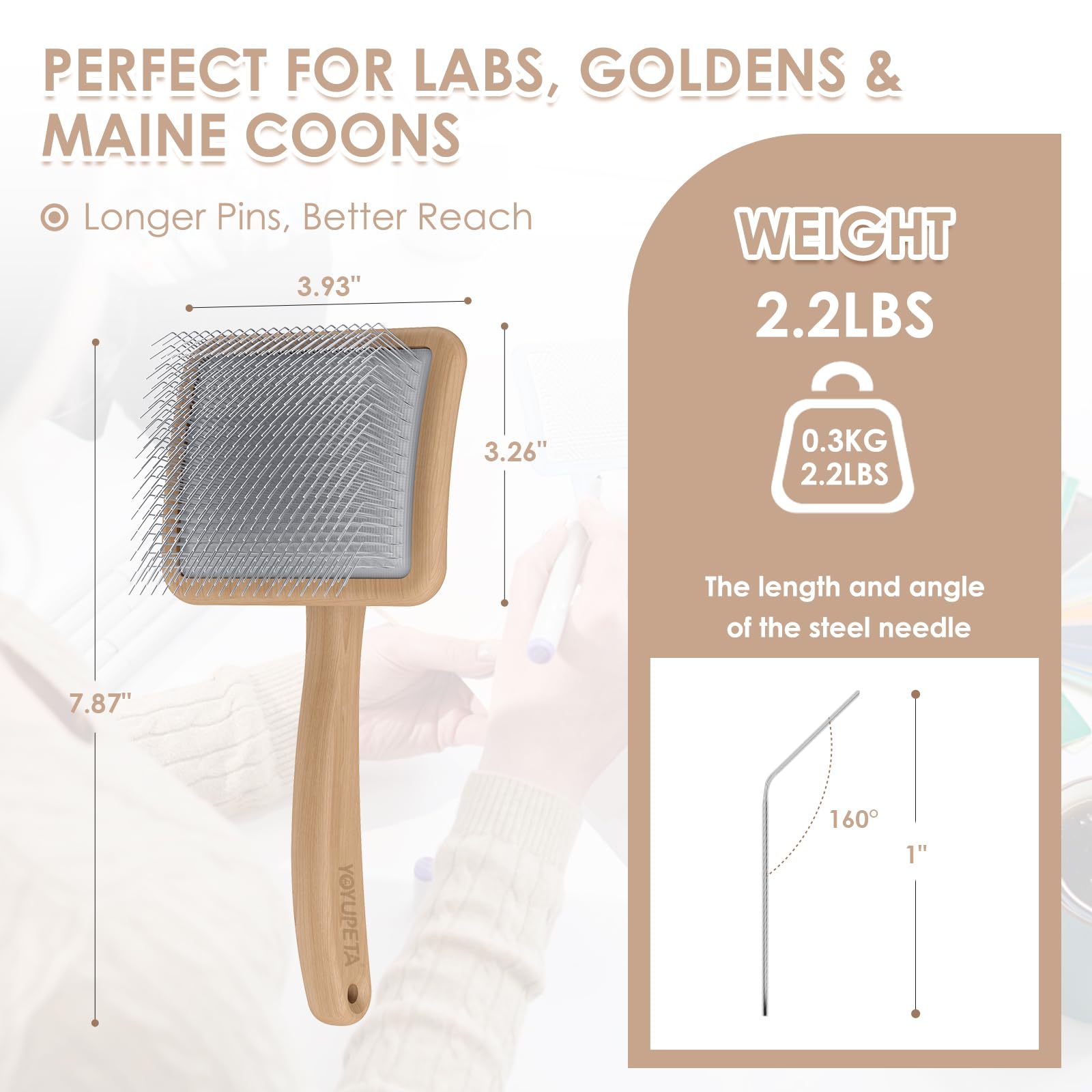 Cepillo largo para perros para caniches, garabatos dorados y gatos, kit de aseo de 3 piezas con peine para desenredar y peine para mascotas, mango de madera grande para eliminar el pelo