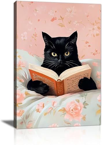 Lienzo enmarcado de lectura de gatos en la cama, divertido libro de lectura de gatos negros, imagen rosa, póster de animales vintage, decoración de