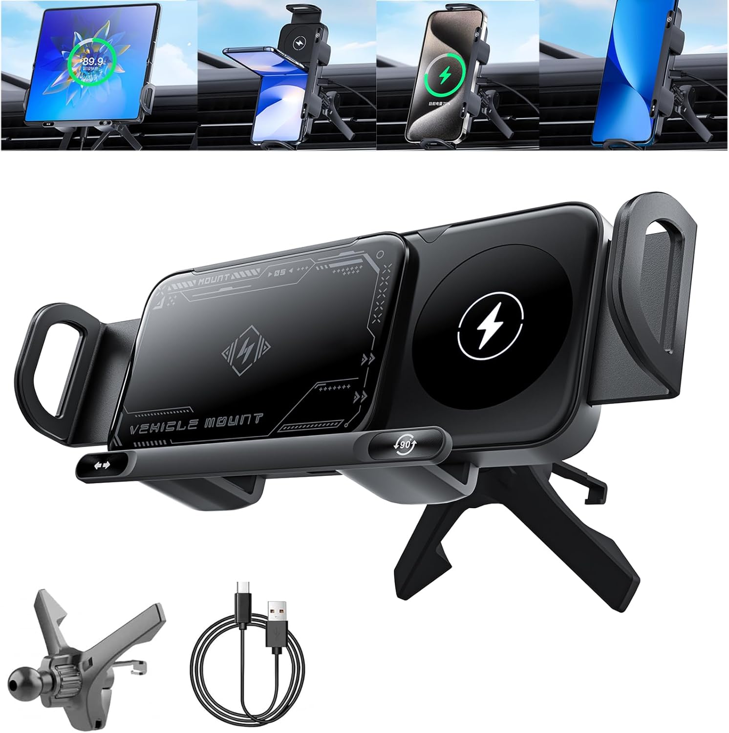 CLOUDEMO 2024 High Intelligent Mobile Phone/Pad Holder, 2 in 1 Auto Rotating Phone Holder with Wireless Car Charger, Can Be Used for Foldable Phones