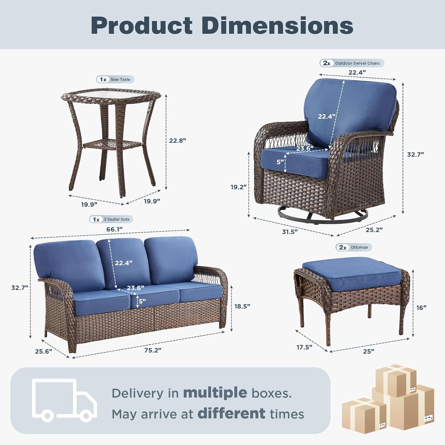 Belord Luxury Patio Furniture Set with 5-inch Thick Cushion, Outdoor Couch and High Back Swivel Rocker Patio Chairs, 6PCS Wicker Conversation Set for Deck Yard and Poolside,Blue