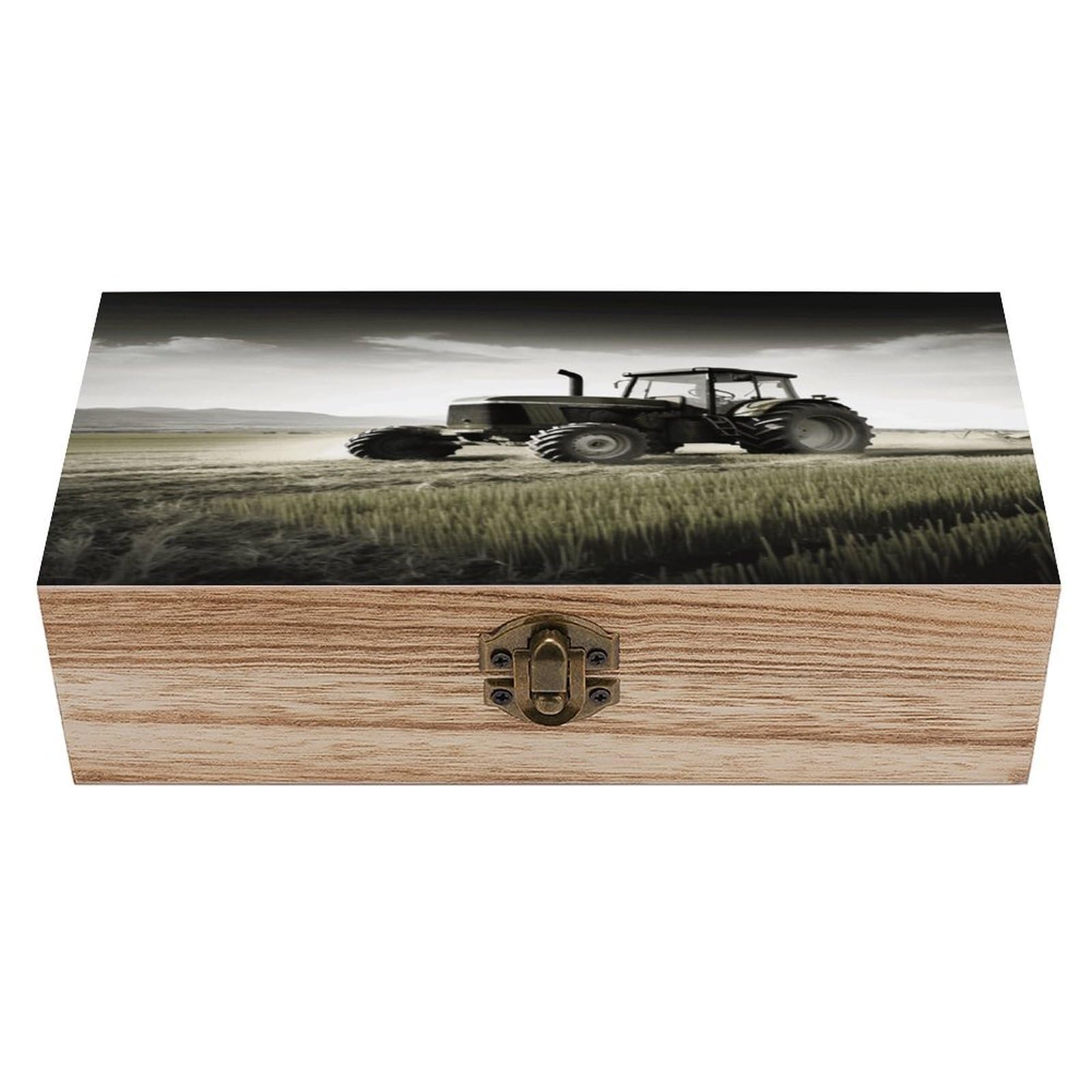 JTREHY Tractor Agriculture Tranquil Wooden Keepsake Box Vintage-Style Wood Keepsake Case with Hinged Lid Solid Wood Boxes Beautifully Memory Treasure Case Vintage-Style Wooden Storage Box