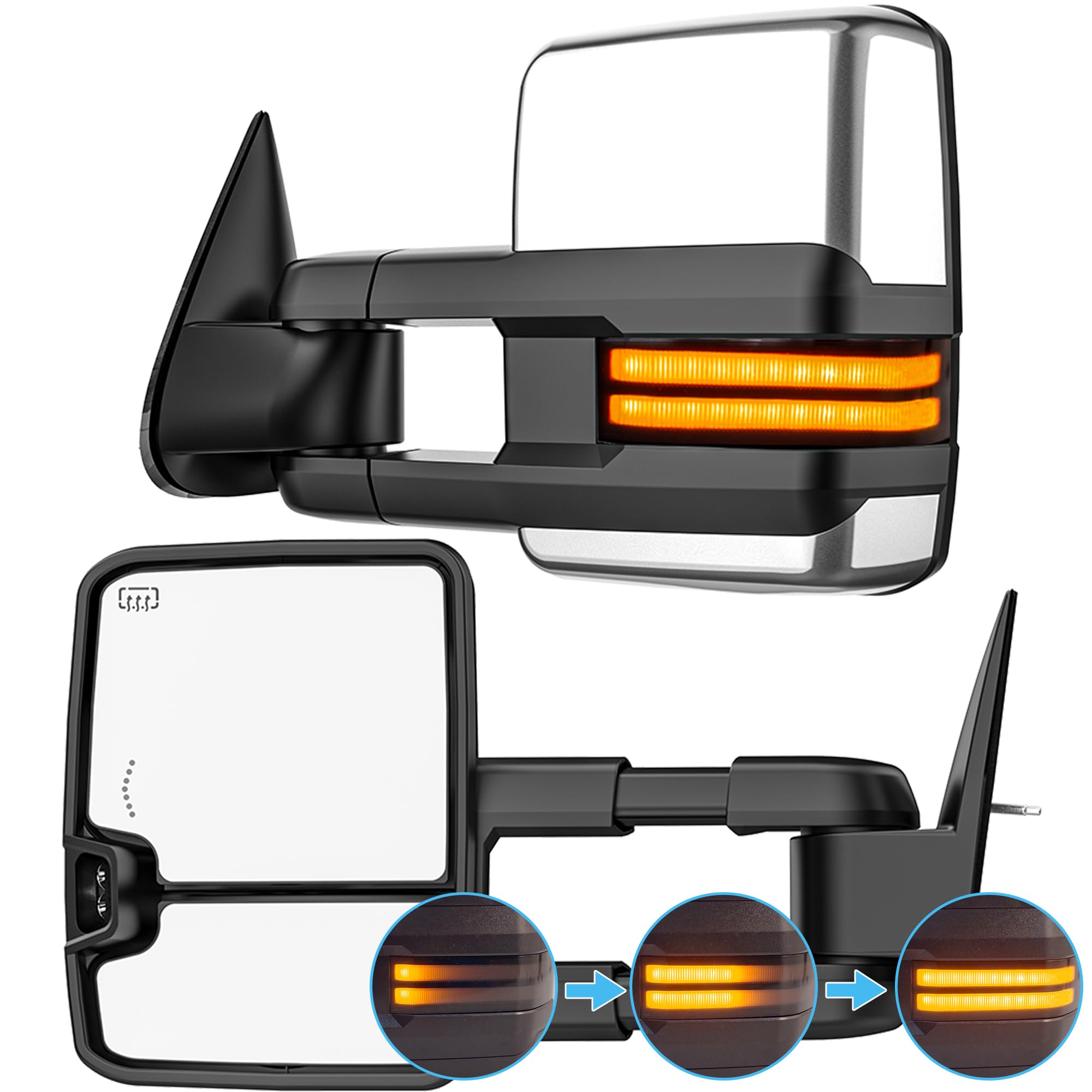 Sequential Signal Tow Mirrors Compatible with Chevy Silverado/GMC Sierra 1500 2500 3500 HD(2007-2013), SEQ&Backup Light Heated Extended Trailer Towing Side Mirror, Smoked Lens Chrome Housing