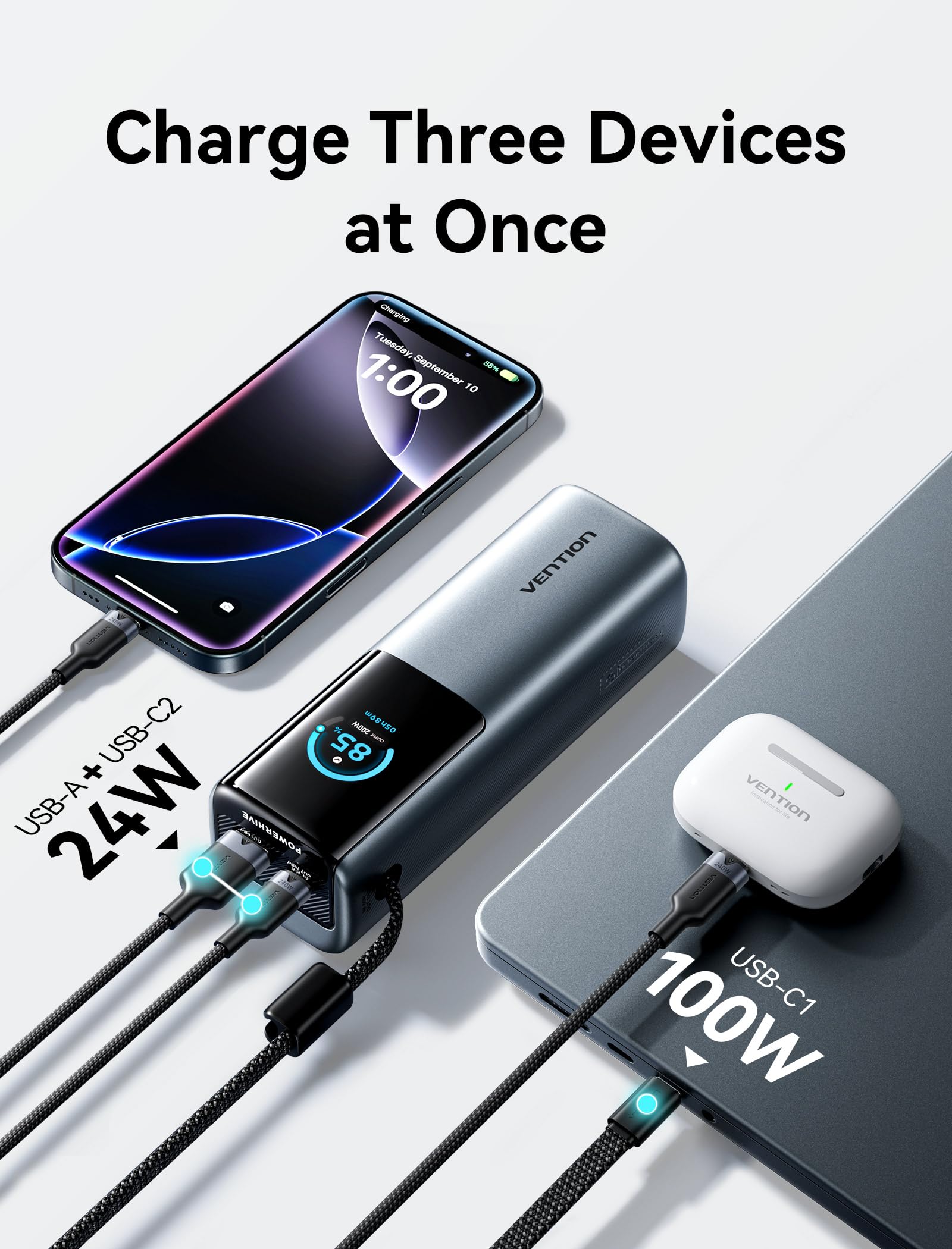 VENTION Power Bank 27000 mAh 200W, batería Externa Carga rápida con Pantalla Digital y animación Emoji, Cable USB-C Integrado, 2× USB-C + USB-A, para MacBook Pro, DELL/HP, iPhone 17/16/15, Galaxy