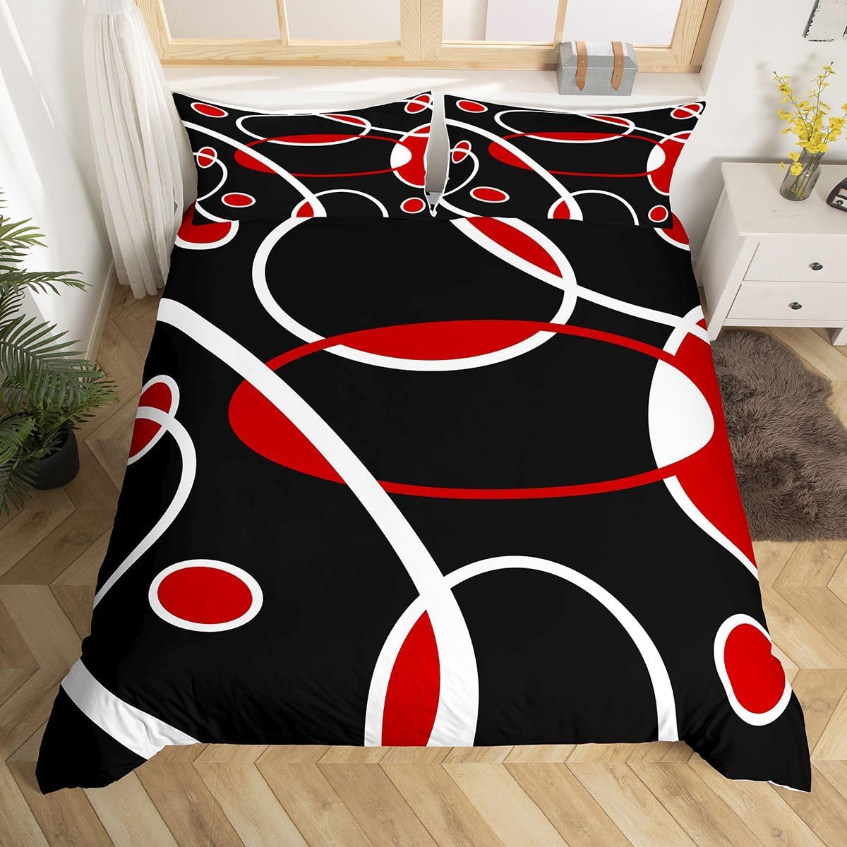 Feelyou Kids Red and Black Bedding Set Queen Size Strip Lines Duvet Cover for Boys Girls Teens Bedroom Decor Geometric Comforter Cover Set Women Men Abstract Art Bedspread Cover with 2 Pillow Cases