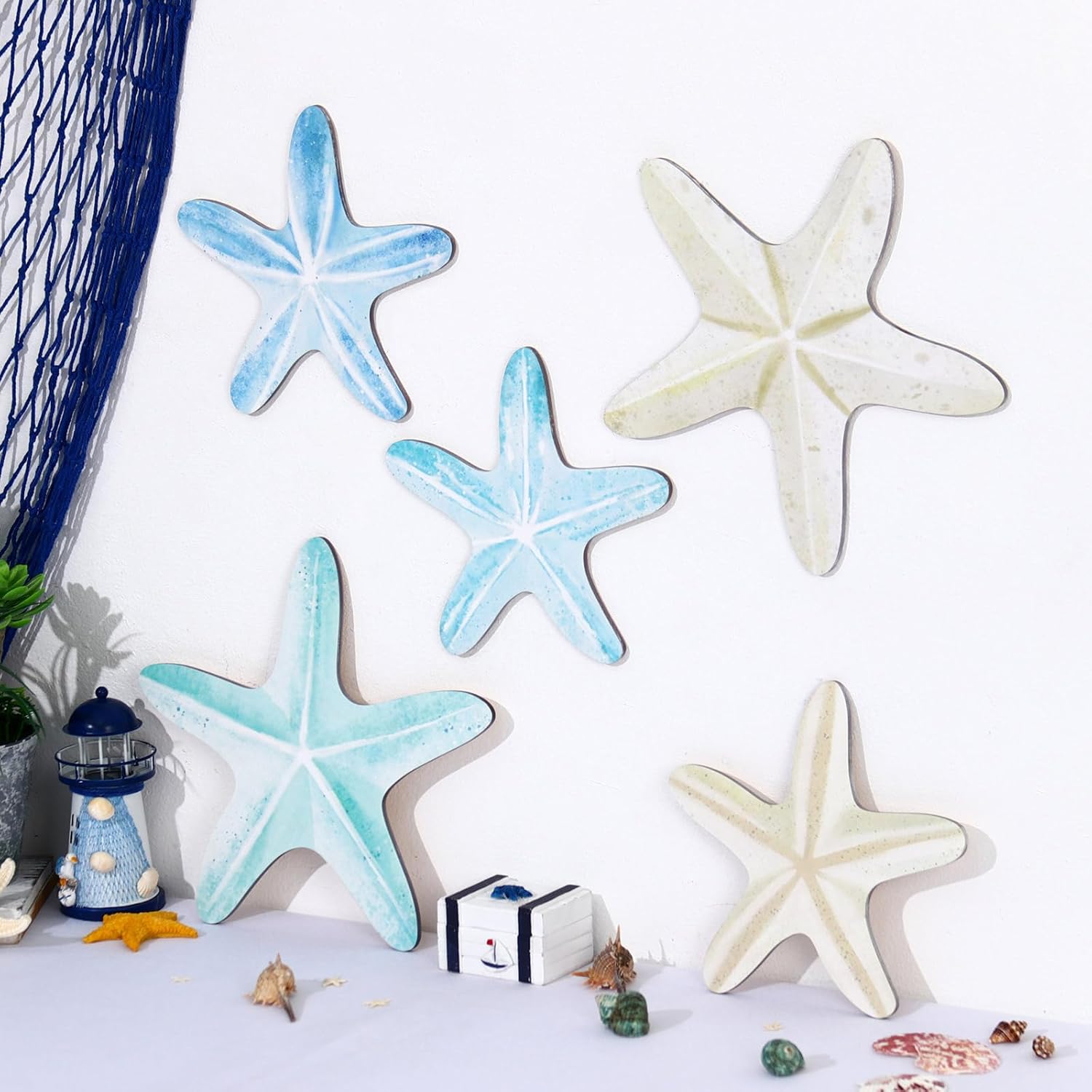 KOYILTD 5 Pcs Beach Wall Art Coastal Nautical Starfish Wall Decor Natural Wood Finish Wall Hanging Home Decor for Bathroom Living Room Patio, Flat Not 3D Artificial Starfish (Unique) - Image 6