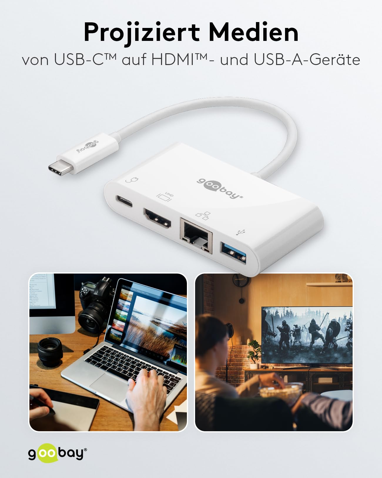 Goobay 62105 USB-C USB-C, USB 3.0, RJ45, HDMI Blanco adaptador de cable - Adaptador para cable (USB-C, USB-C, USB 3.0, RJ45, HDMI, Macho/Hembra, 0,15 m, Blanco)